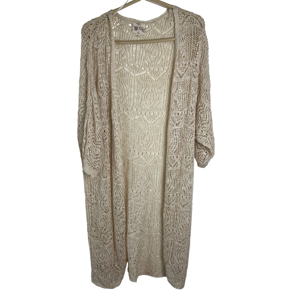 Crochet Pointelle Longline Cardigan Womens Large Cream Ivory Festival Boho Soft - Picture 2 of 14
